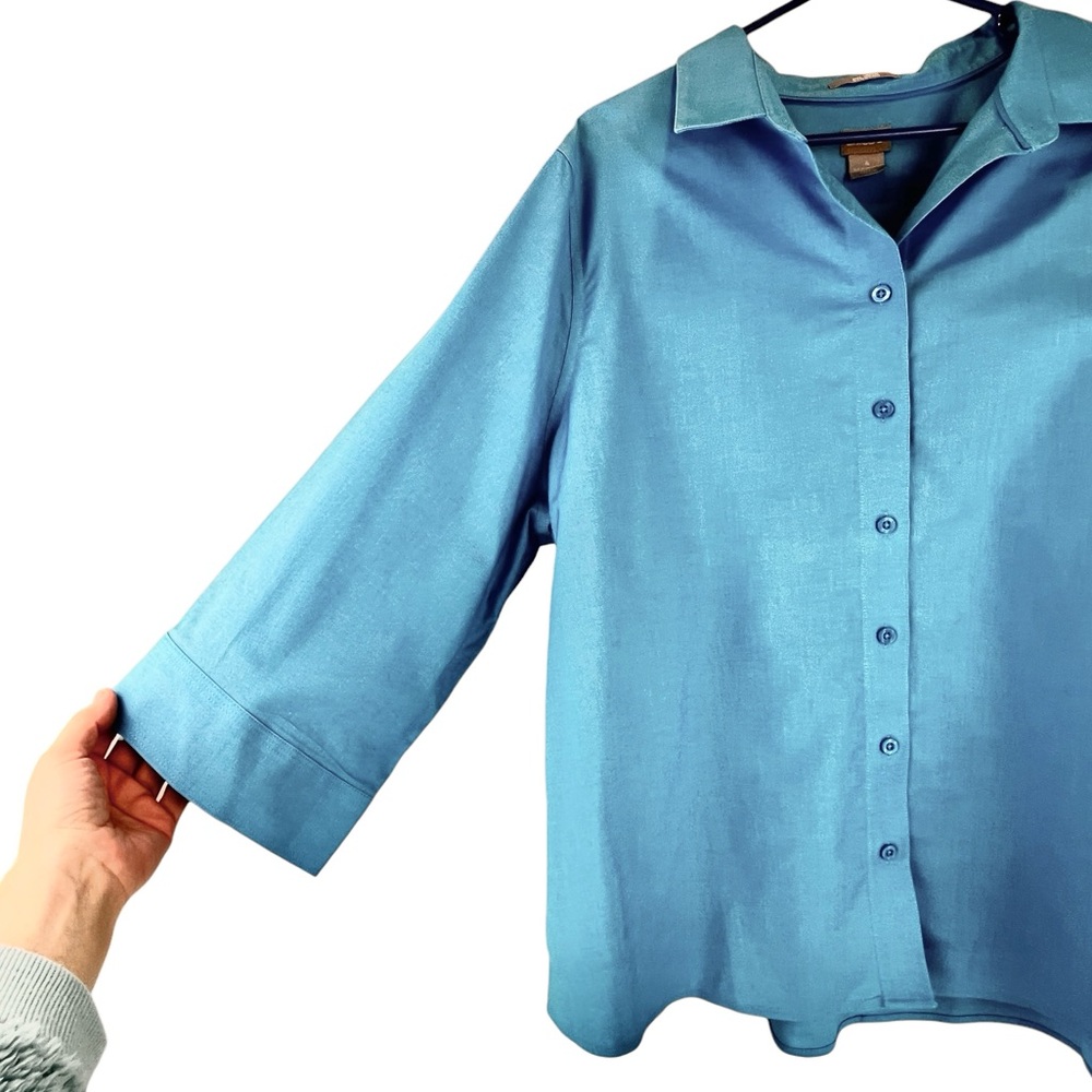 Chico's No Iron Cotton Twill Button-Up Shirt 3/4 Sleeve Collared Blue Sz 4 / 20 - Picture 5 of 10